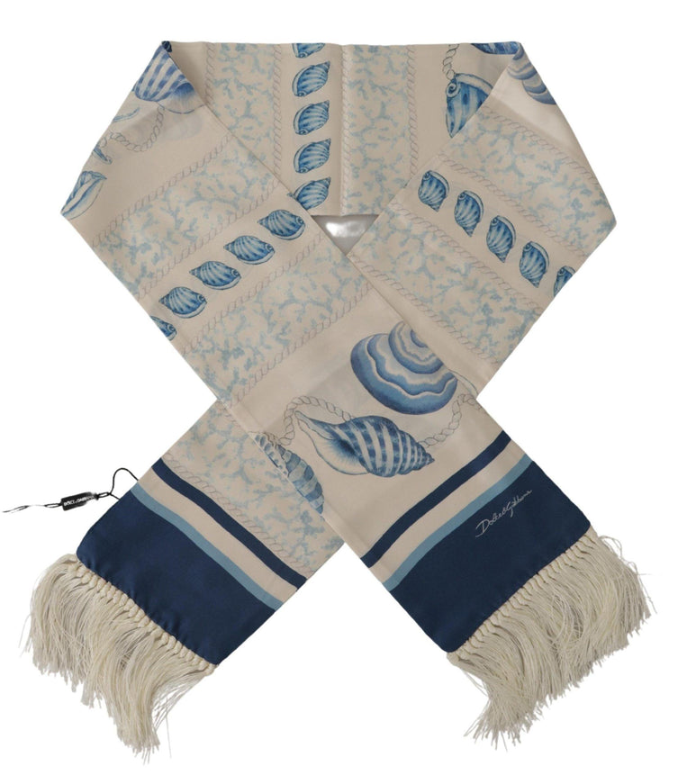 Dolce & Gabbana Blue Silk Shell Print White Shawl Fringes Scarf - Ellie Belle