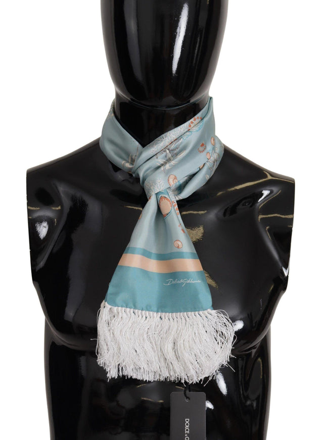 Dolce & Gabbana Blue Silk Shiny Shell-Print Neck Wrap Fringed Scarf - Ellie Belle