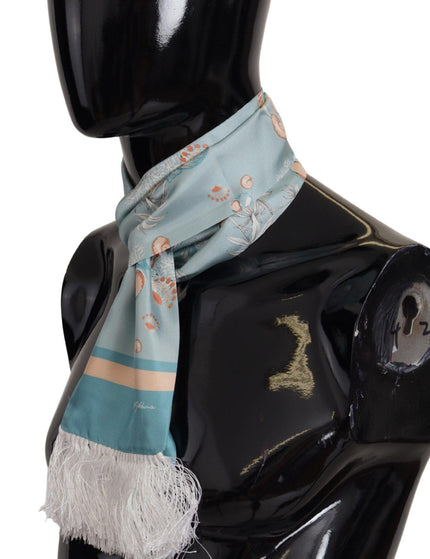 Dolce & Gabbana Blue Silk Shiny Shell-Print Neck Wrap Fringed Scarf - Ellie Belle