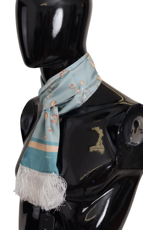 Dolce & Gabbana Blue Silk Shiny Shell-Print Neck Wrap Fringed Scarf - Ellie Belle