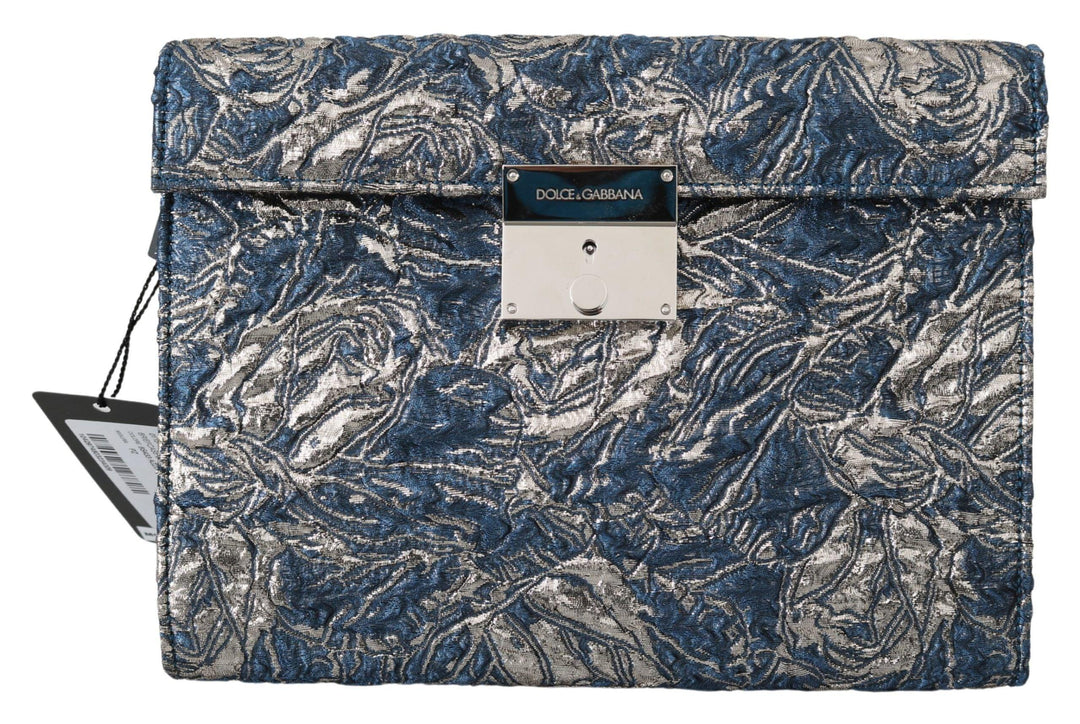Dolce & Gabbana Blue Silver Jacquard Leather Document Briefcase Bag - Ellie Belle