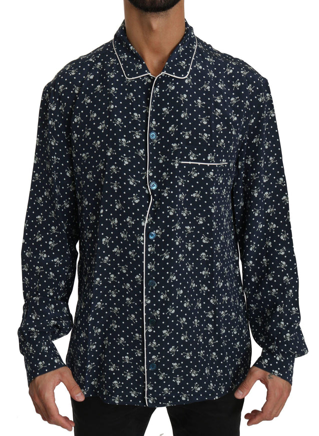 Dolce & Gabbana Blue Skull Print Silk Top Sleepwear Shirt - Ellie Belle