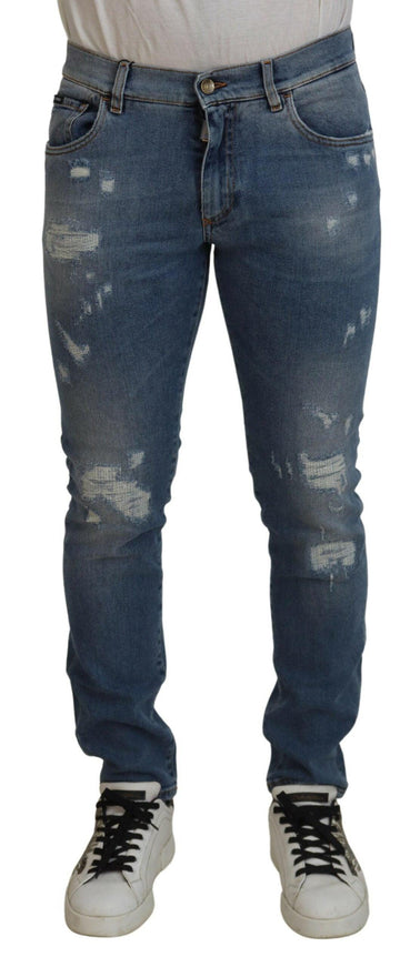 Dolce & Gabbana Blue Slim Fit Tattered Cotton Denim Jeans - Ellie Belle