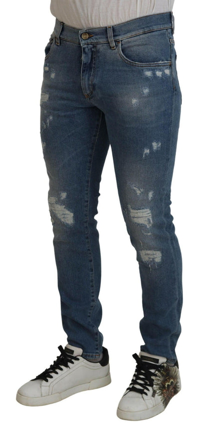 Dolce & Gabbana Blue Slim Fit Tattered Cotton Denim Jeans - Ellie Belle