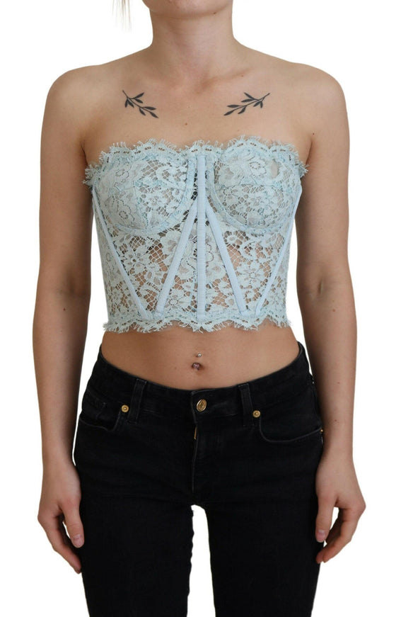 Dolce & Gabbana Blue Strapless Floral Lace Bustier Crop Top - Ellie Belle