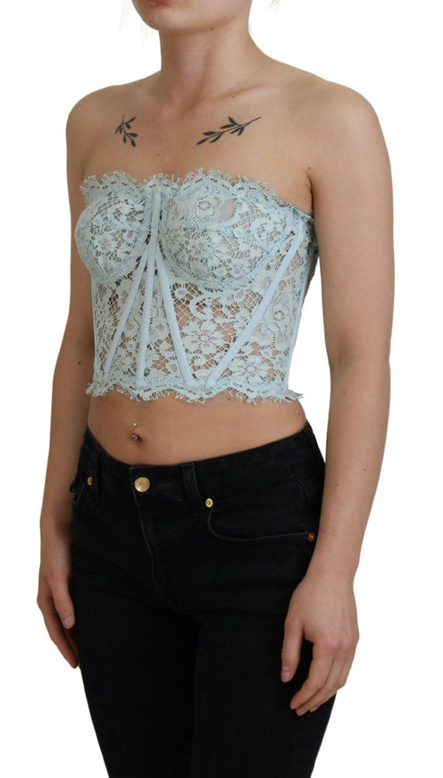 Dolce & Gabbana Blue Strapless Floral Lace Bustier Crop Top - Ellie Belle