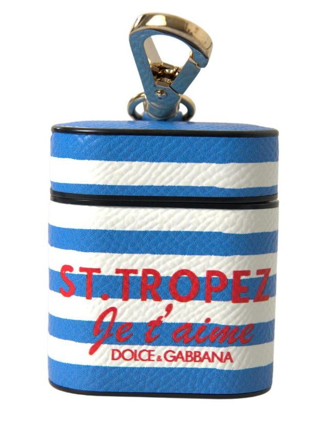 Dolce & Gabbana Blue Stripe Dauphine Leather Logo Print Airpod Case - Ellie Belle