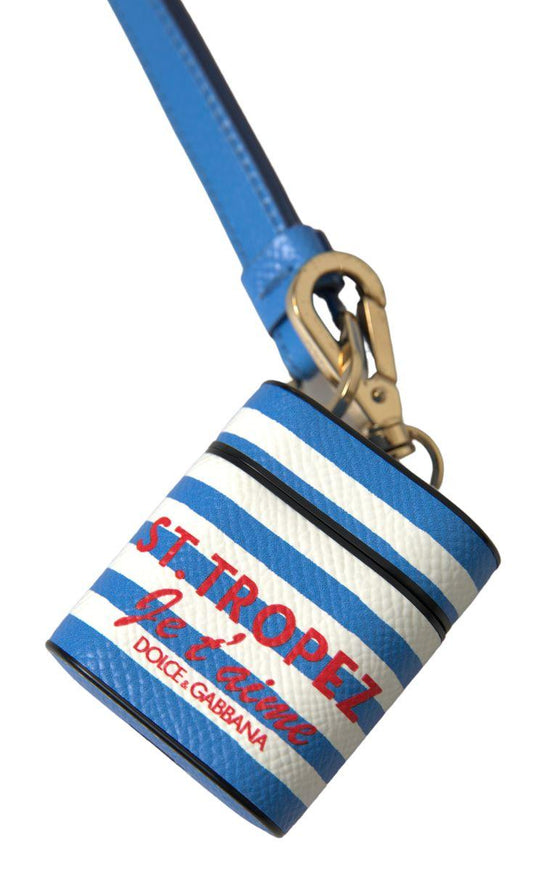 Dolce & Gabbana Blue Stripe Dauphine Leather Logo Print Airpod Case - Ellie Belle