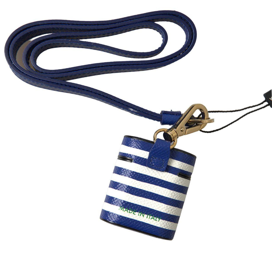 Dolce & Gabbana Blue Stripe Dauphine Leather Logo Print Strap Airpod Case - Ellie Belle