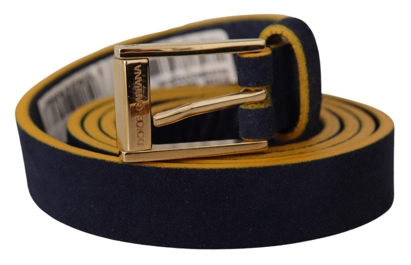 Dolce & Gabbana Blue Suede Yellow Gold Metal Logo Buckle Belt - Ellie Belle