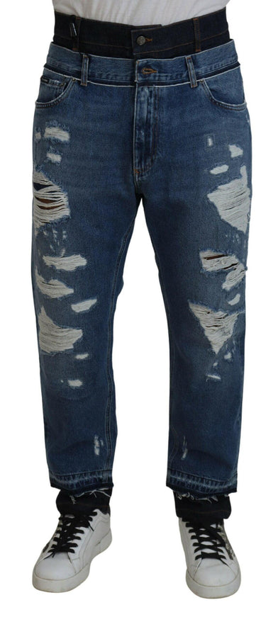 Dolce & Gabbana Blue Tattered Cotton Cropped Denim Jeans - Ellie Belle