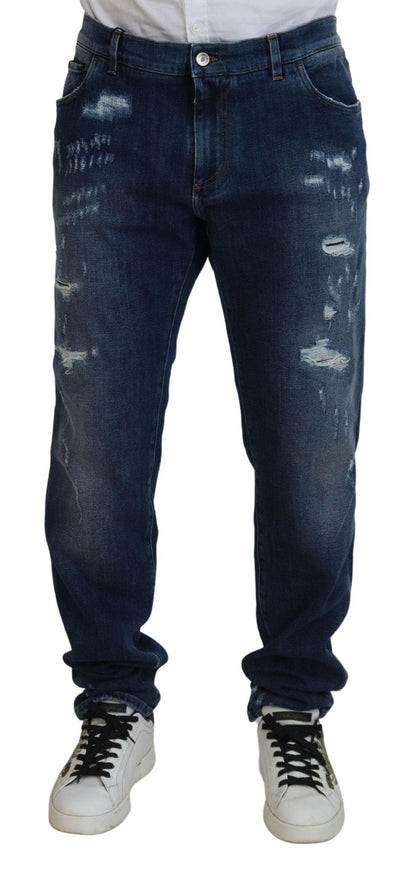 Dolce & Gabbana Blue Tattered Cotton Stretch Slim Denim Jeans - Ellie Belle