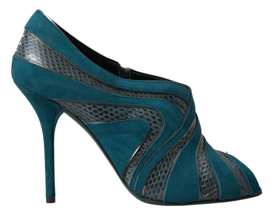 Dolce & Gabbana Blue Teal Snakeskin Peep Toe Ankle Booties Shoes - Ellie Belle