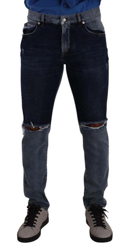 Dolce & Gabbana Blue Two Tone Tattered Cotton Slim Denim Jeans - Ellie Belle