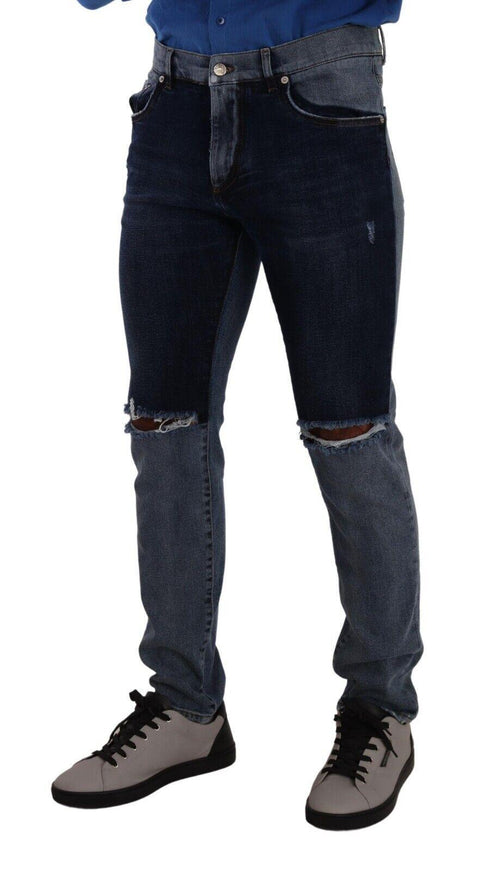 Dolce & Gabbana Blue Two Tone Tattered Cotton Slim Denim Jeans - Ellie Belle