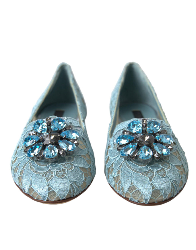 Dolce & Gabbana Blue Vally Taormina Lace Crystals Flats Shoes - Ellie Belle