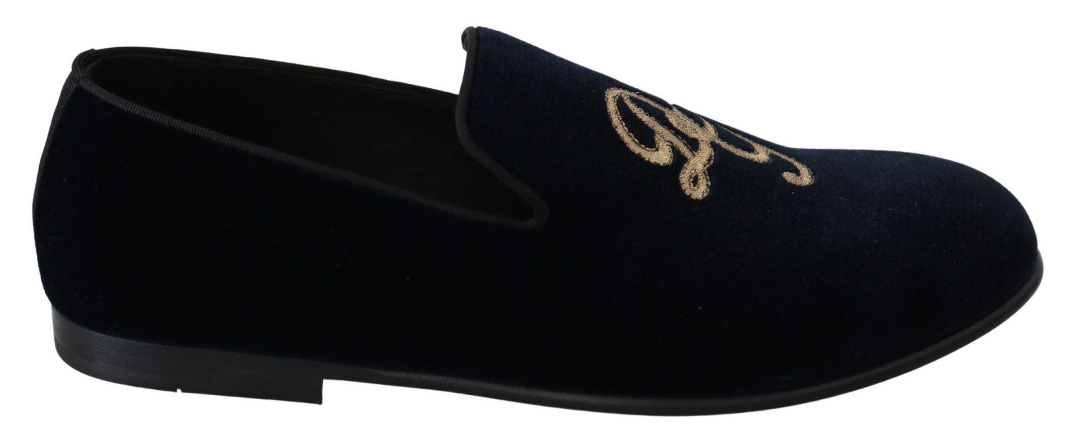 Dolce & Gabbana Blue Velvet Gold Logo Slipper Loafers Shoes - Ellie Belle