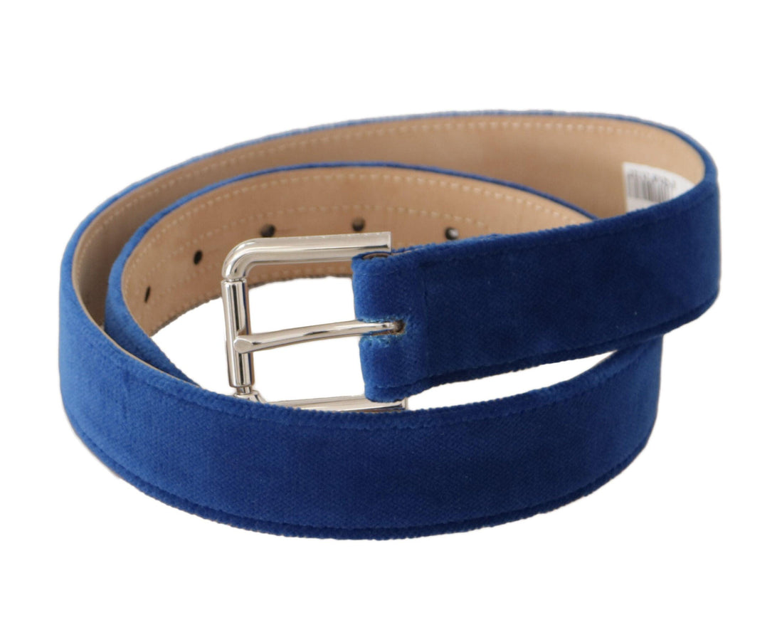 Dolce & Gabbana Blue Velvet Silver Logo Engraved Metal Buckle Belt - Ellie Belle