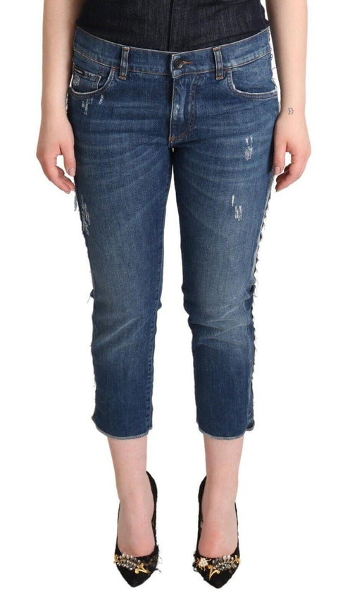 Dolce & Gabbana Blue Washed Mid Waist Denim Logo Cropped Jeans - Ellie Belle