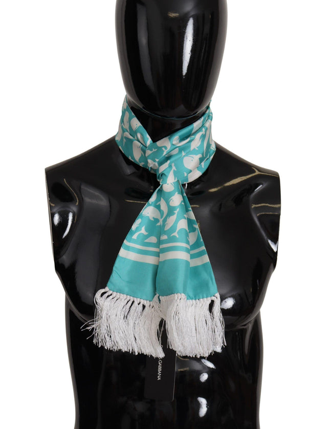Dolce & Gabbana Blue Whale Printed Shawl Wrap Fringe Silk Teal Scarf - Ellie Belle