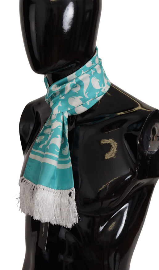 Dolce & Gabbana Blue Whale Printed Shawl Wrap Fringe Silk Teal Scarf - Ellie Belle