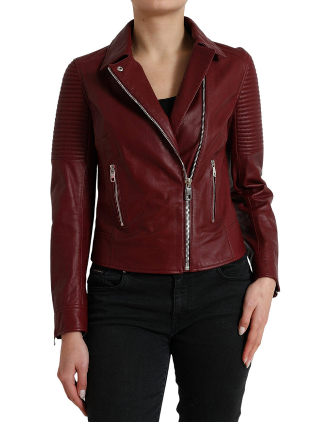 Dolce & Gabbana Bordeaux Leather Biker Coat Lambskin Jacket - Ellie Belle