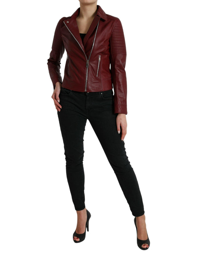 Dolce & Gabbana Bordeaux Leather Biker Coat Lambskin Jacket - Ellie Belle