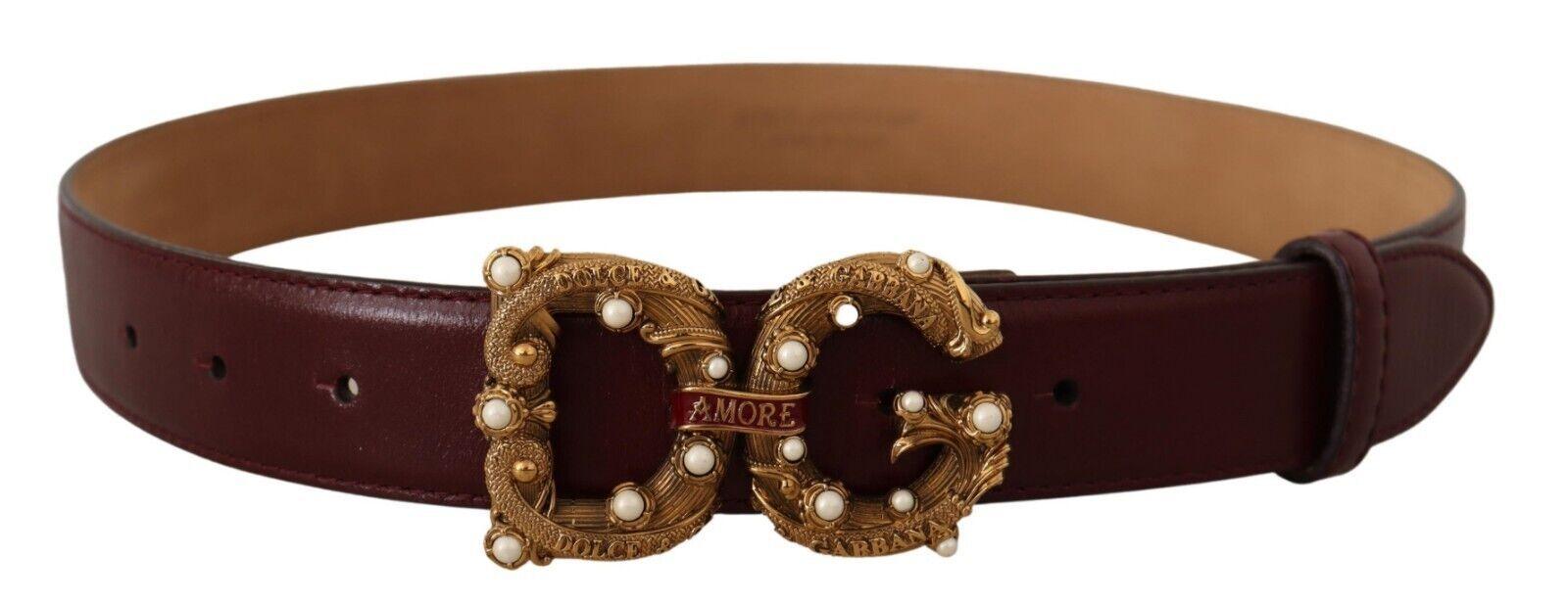 Dolce & Gabbana Bordeaux Leather Brass Logo Buckle Baroque Amore Belt - Ellie Belle