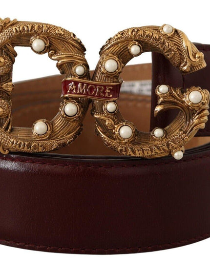 Dolce & Gabbana Bordeaux Leather Brass Logo Buckle Baroque Amore Belt - Ellie Belle
