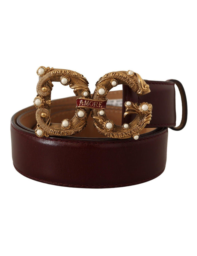 Dolce & Gabbana Bordeaux Leather Brass Logo Buckle Baroque Amore Belt - Ellie Belle