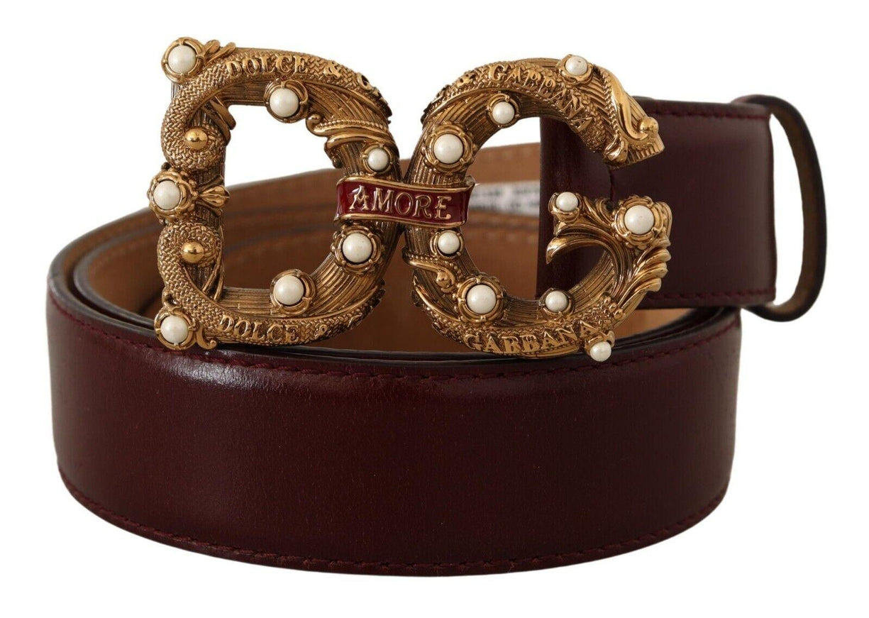 Dolce & Gabbana Bordeaux Leather Brass Logo Buckle Baroque Amore Belt - Ellie Belle