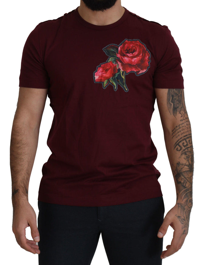 Dolce & Gabbana Bordeaux Roses Cotton Crewneck T-shirt - Ellie Belle