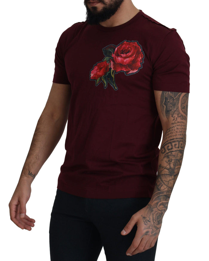 Dolce & Gabbana Bordeaux Roses Cotton Crewneck T-shirt - Ellie Belle