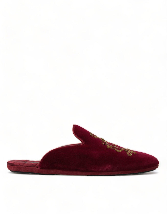 Dolce & Gabbana Bordeaux Velvet Gold Crown Embroidery Slides Shoes - Ellie Belle