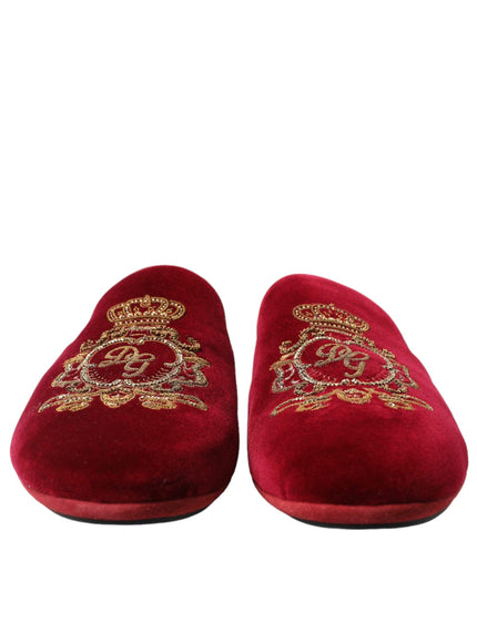 Dolce & Gabbana Bordeaux Velvet Gold Crown Embroidery Slides Shoes - Ellie Belle