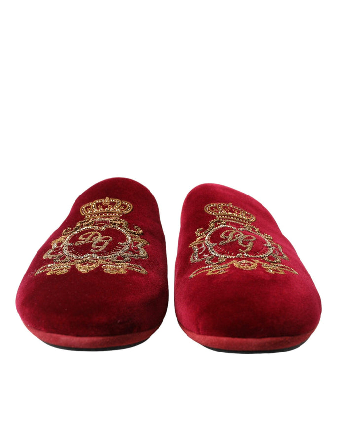 Dolce & Gabbana Bordeaux Velvet Gold Crown Embroidery Slides Shoes - Ellie Belle