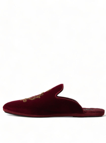 Dolce & Gabbana Bordeaux Velvet Gold Crown Embroidery Slides Shoes - Ellie Belle
