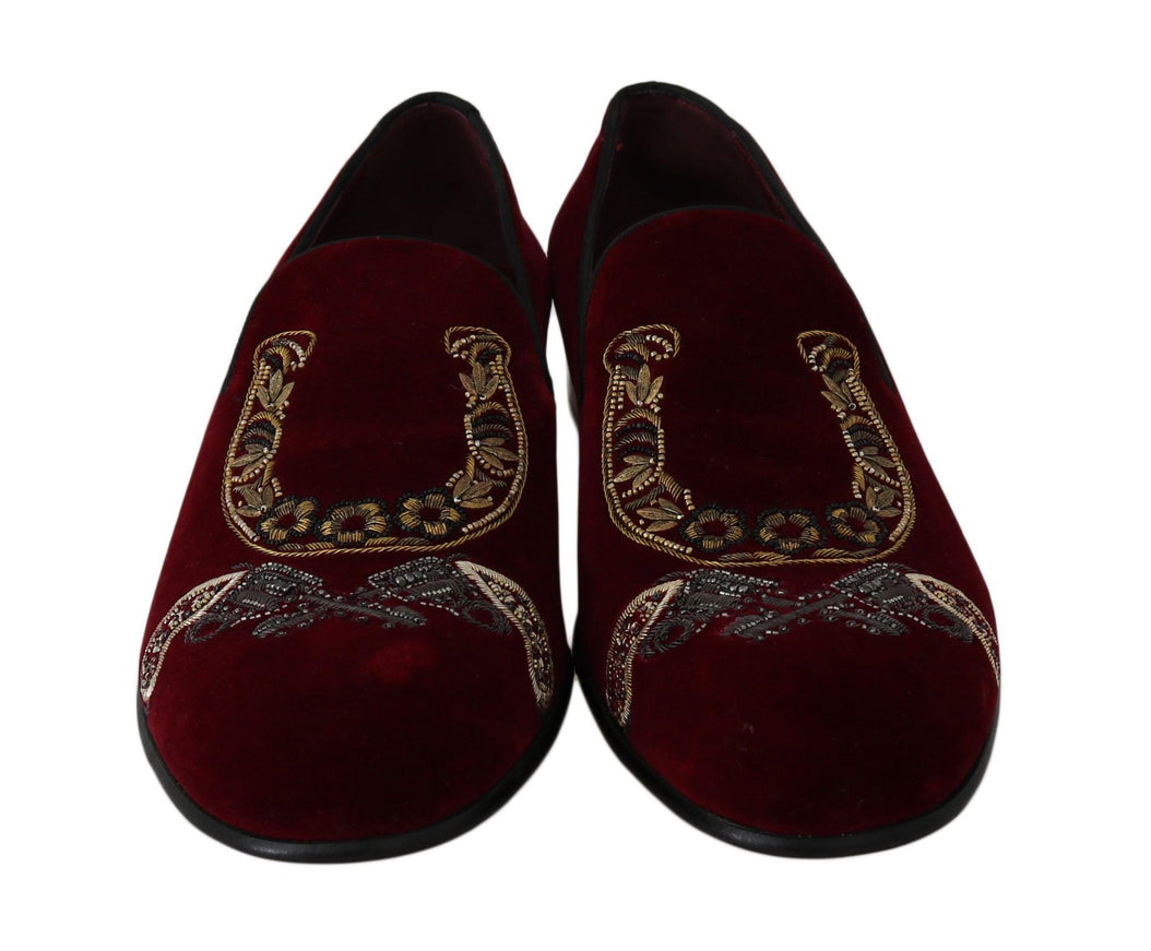 Dolce & Gabbana Bordeaux Velvet Loafers Gun Horseshoe Shoes - Ellie Belle