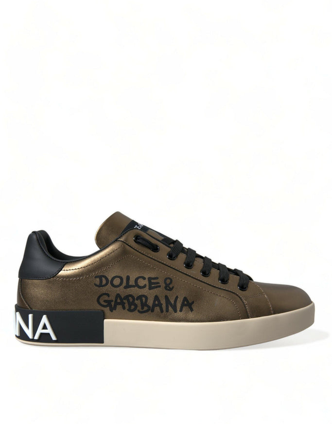 Dolce & Gabbana Bronze Leather Portofino Logo Men Sneakers Shoes - Ellie Belle