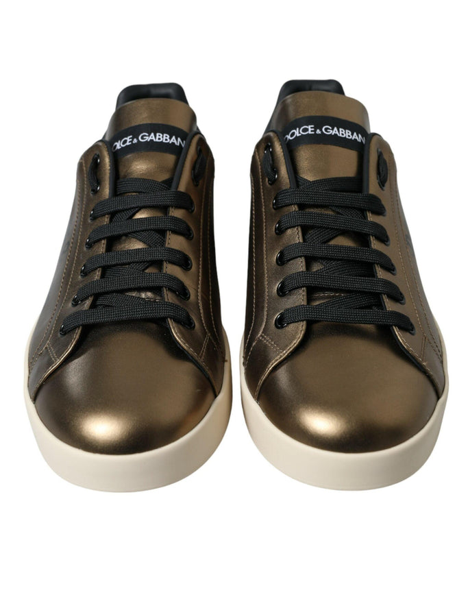 Dolce & Gabbana Bronze Leather Portofino Logo Men Sneakers Shoes - Ellie Belle