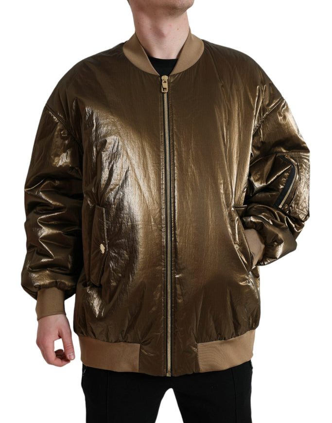 Dolce & Gabbana Bronze Nylon Full Zip Men Bomber Jacket - Ellie Belle