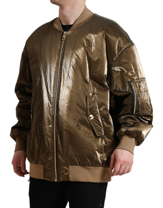 Dolce & Gabbana Bronze Nylon Full Zip Men Bomber Jacket - Ellie Belle