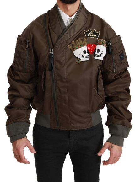 Dolce & Gabbana Brown Beaded Crown Skull Logo Jacket