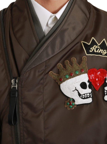 Dolce & Gabbana Brown Beaded Crown Skull Logo Jacket