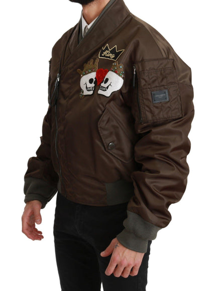 Dolce & Gabbana Brown Beaded Crown Skull Logo Jacket