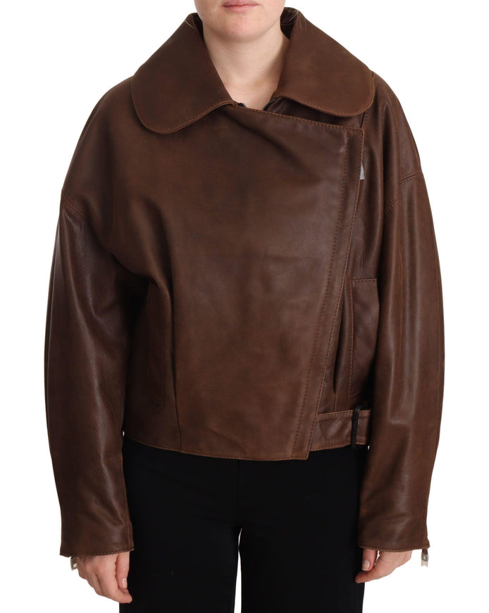 Dolce & Gabbana Brown Bull Leather Collared Biker Jacket - Ellie Belle