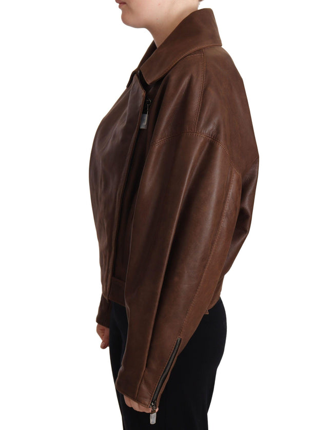 Dolce & Gabbana Brown Bull Leather Collared Biker Jacket - Ellie Belle