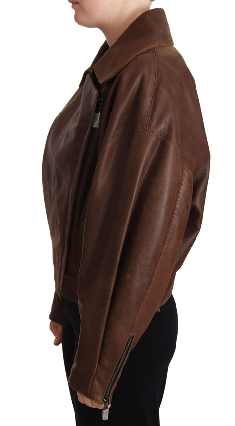 Dolce & Gabbana Brown Bull Leather Collared Biker Jacket - Ellie Belle