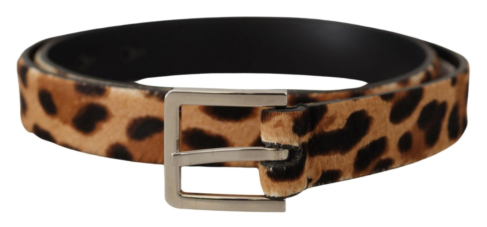 Dolce & Gabbana Brown Calf Fur Leopard Print Skinny Logo Buckle Belt - Ellie Belle