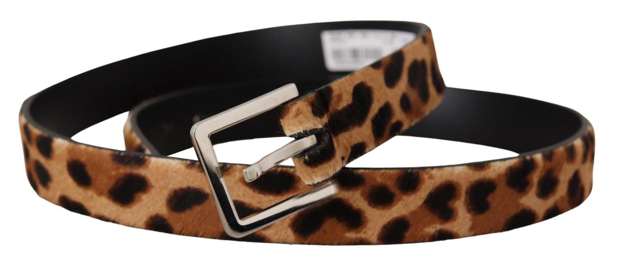 Dolce & Gabbana Brown Calf Fur Leopard Print Skinny Logo Buckle Belt - Ellie Belle